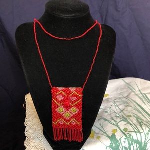 Red seed bead pouch necklace